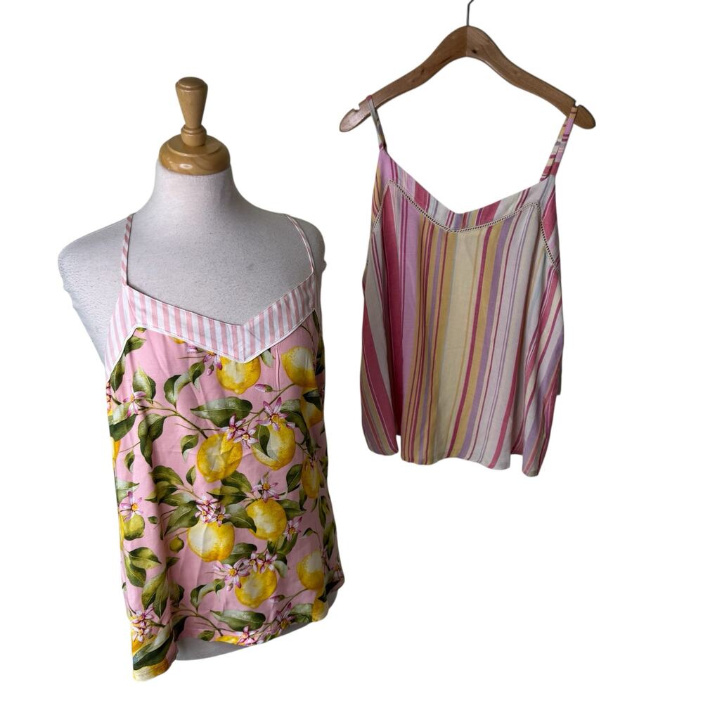 PJ SALVAGE Set of 2 Camisole Pajama Tanks Lemons & Stripes Large NWT